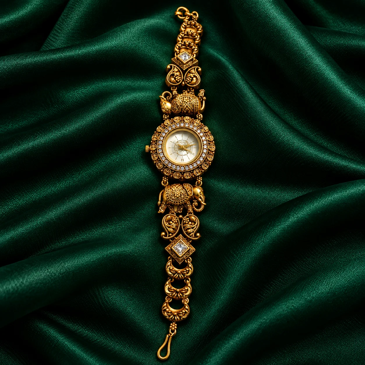 Antique nakshi elephant motif gold wrist watch