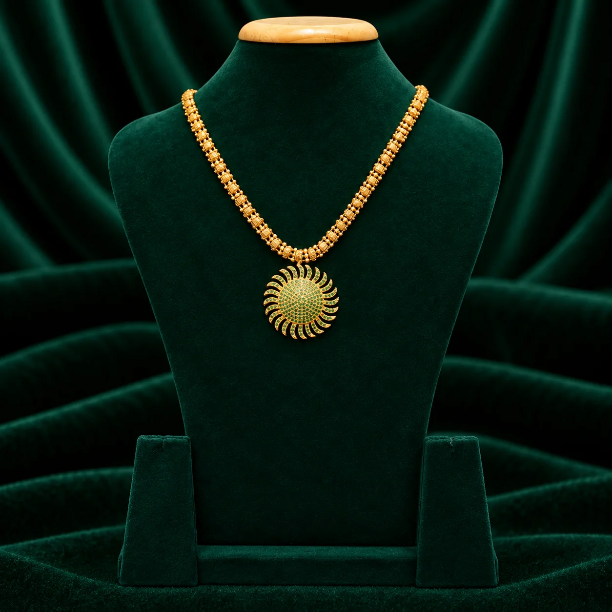 Gold bead long haram with Lakshmi pendant