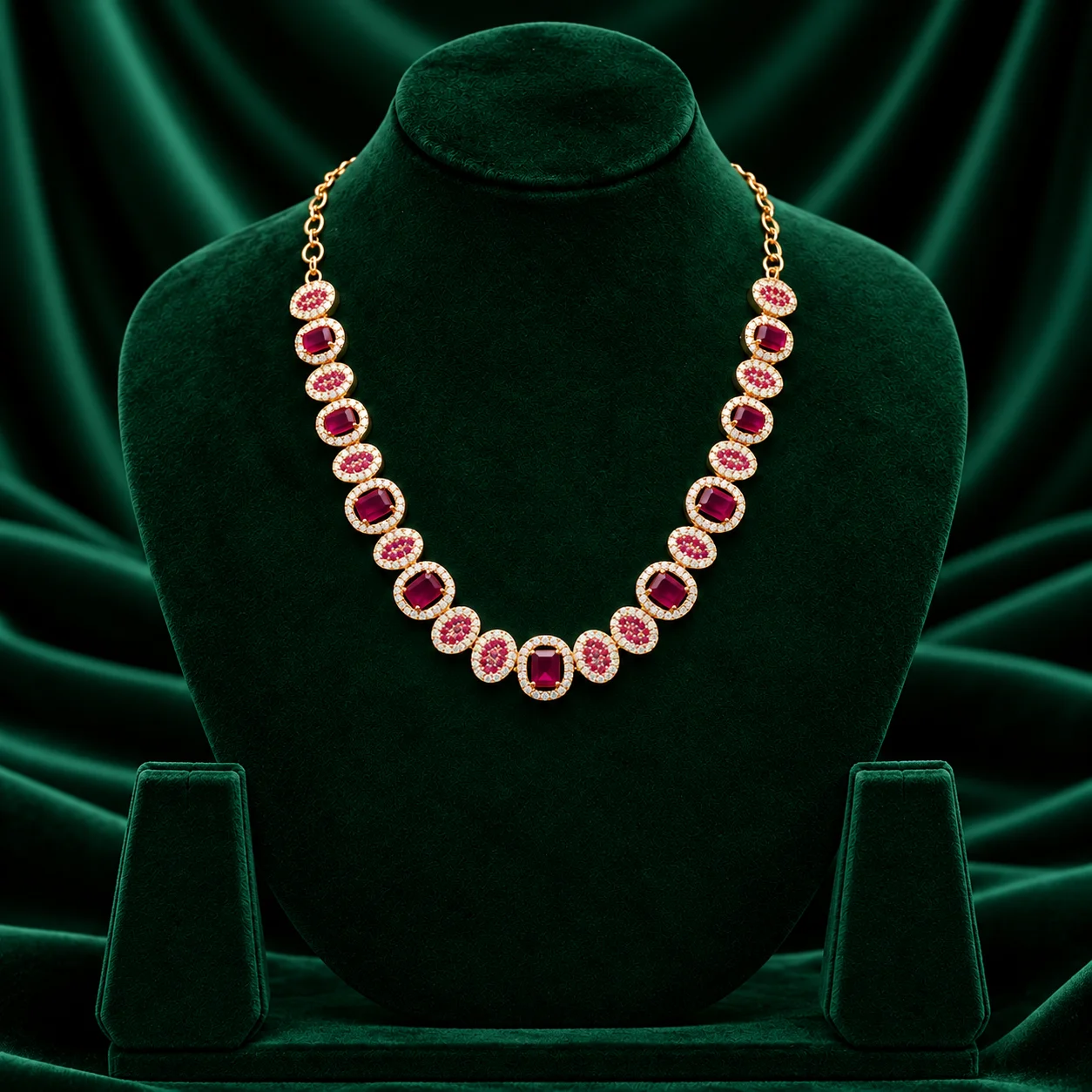 Oval ruby halo station necklace