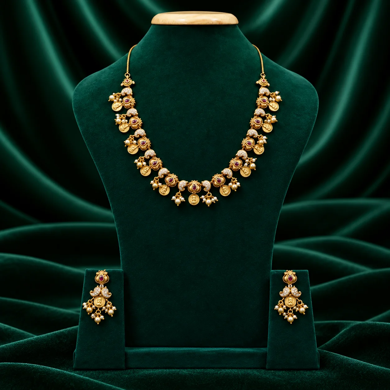 Peacock and lakshmi coin short necklace