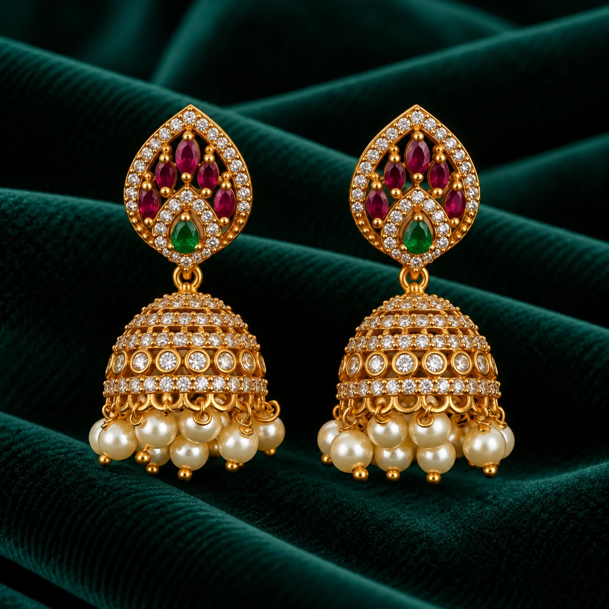 Tear Drop CZ Kemp Pearl Jhumka